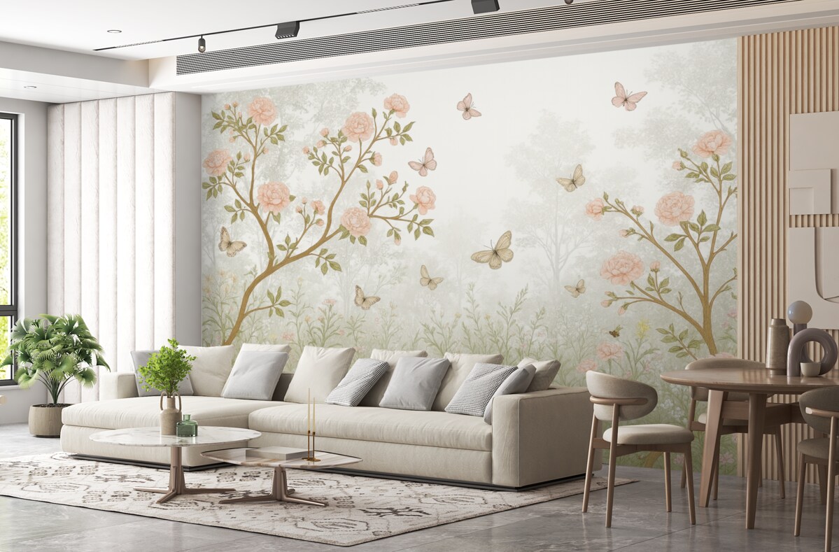 Fototapeta Subtelne różowe kwitnące drzewa, unoszące się motyle i zielone liście powiązane ze smukłymi konarami.