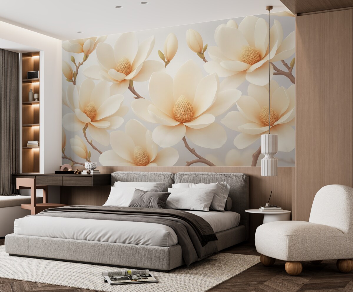 Fototapeta Kwitnące białe kwiaty magnolii na jasnym tle.