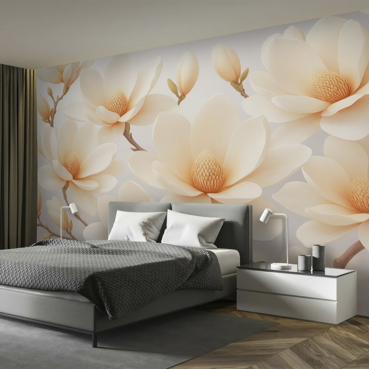 Fototapeta Kwitnące białe kwiaty magnolii na jasnym tle.