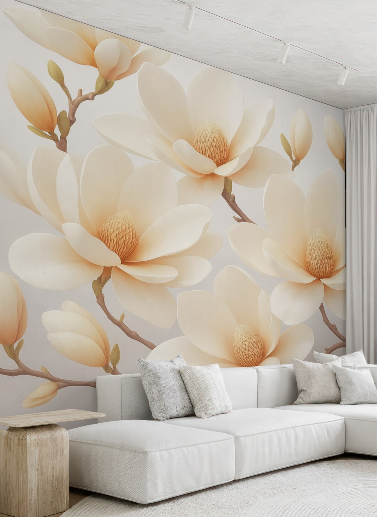 Fototapeta Kwitnące białe kwiaty magnolii na jasnym tle.