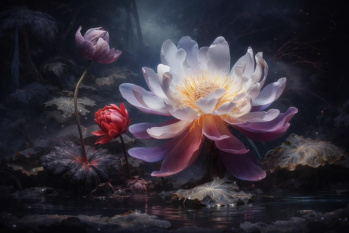 Fototapeta Cudowne kwiaty rozwijające się w magicznej, tajemniczej aurze.