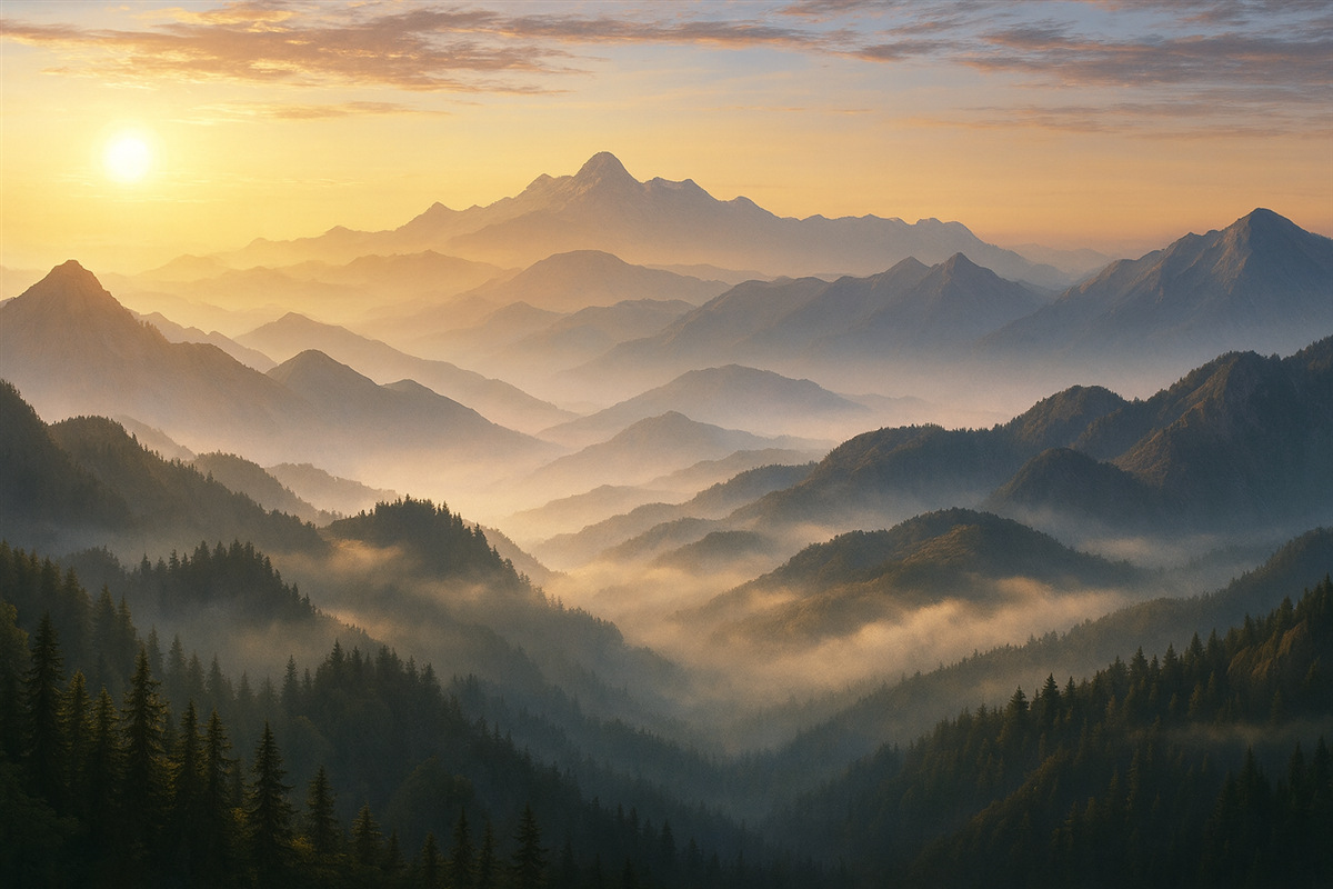 Fototapeta Ciszy górski pejzaż o poranku, z subtelną mgiełką oplatającą sosny.