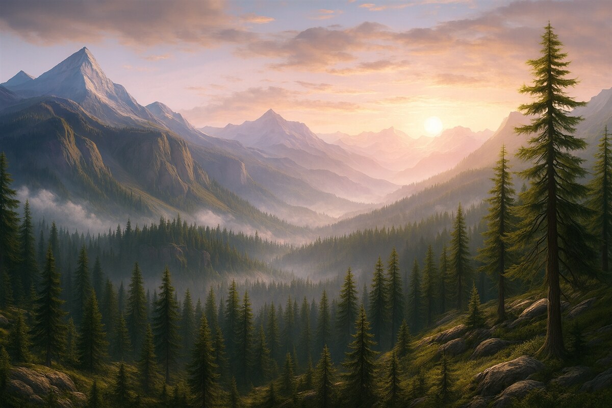 Fototapeta Cisza górskiego pejzażu o świcie z subtelną mgłą w tle lasu.