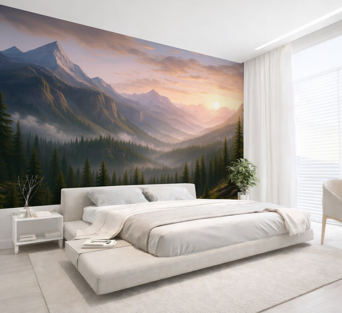 Fototapeta Cisza górskiego pejzażu o świcie z subtelną mgłą w tle lasu.