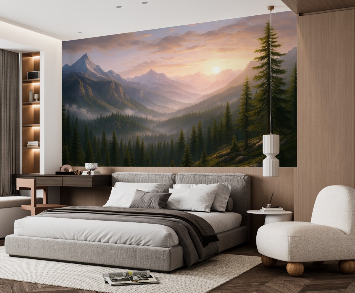 Fototapeta Cisza górskiego pejzażu o świcie z subtelną mgłą w tle lasu.