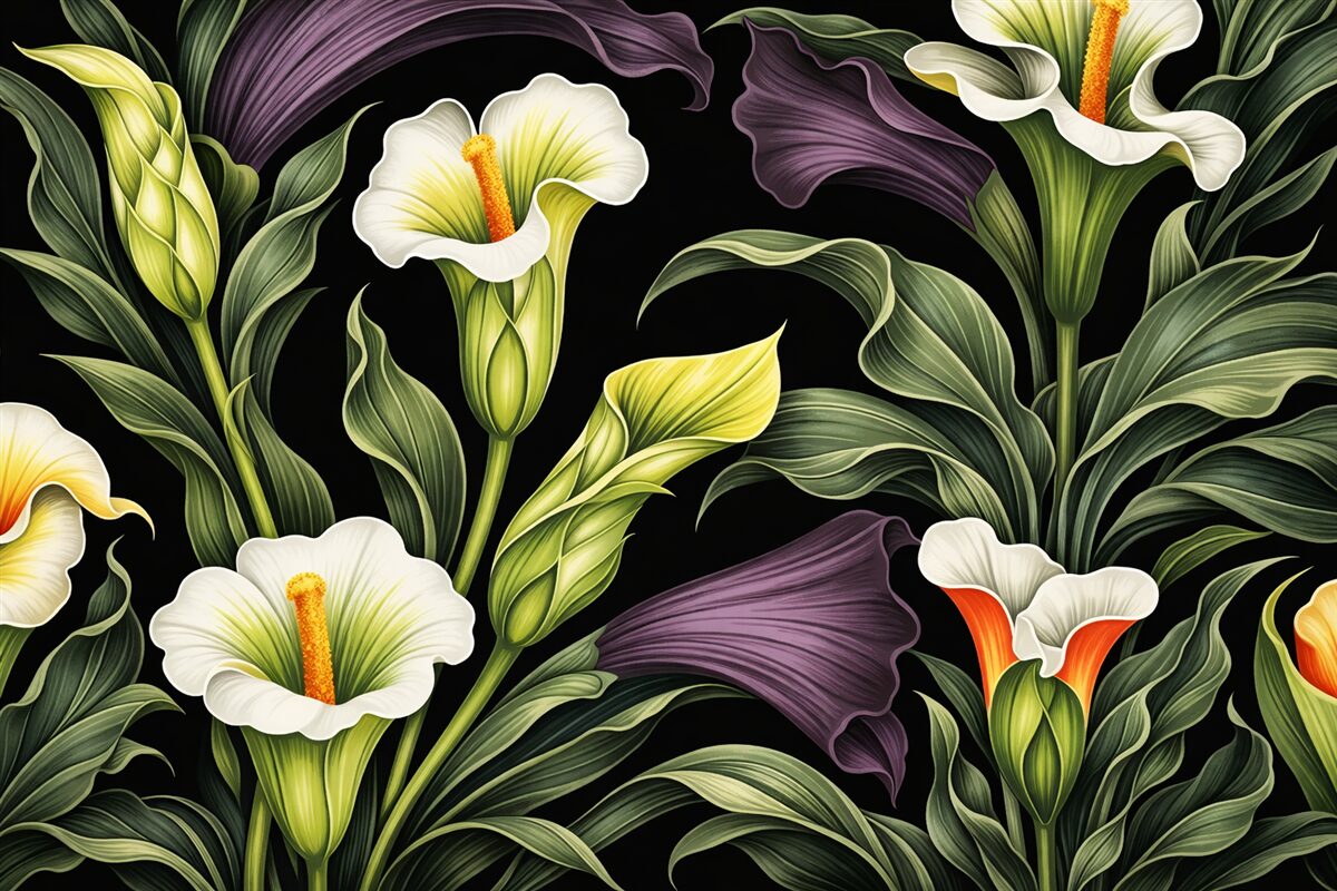 Fototapeta Biało-zielone oraz fioletowe lilie calla na ciemnym tle.