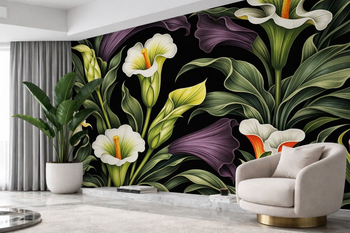 Fototapeta Biało-zielone oraz fioletowe lilie calla na ciemnym tle.