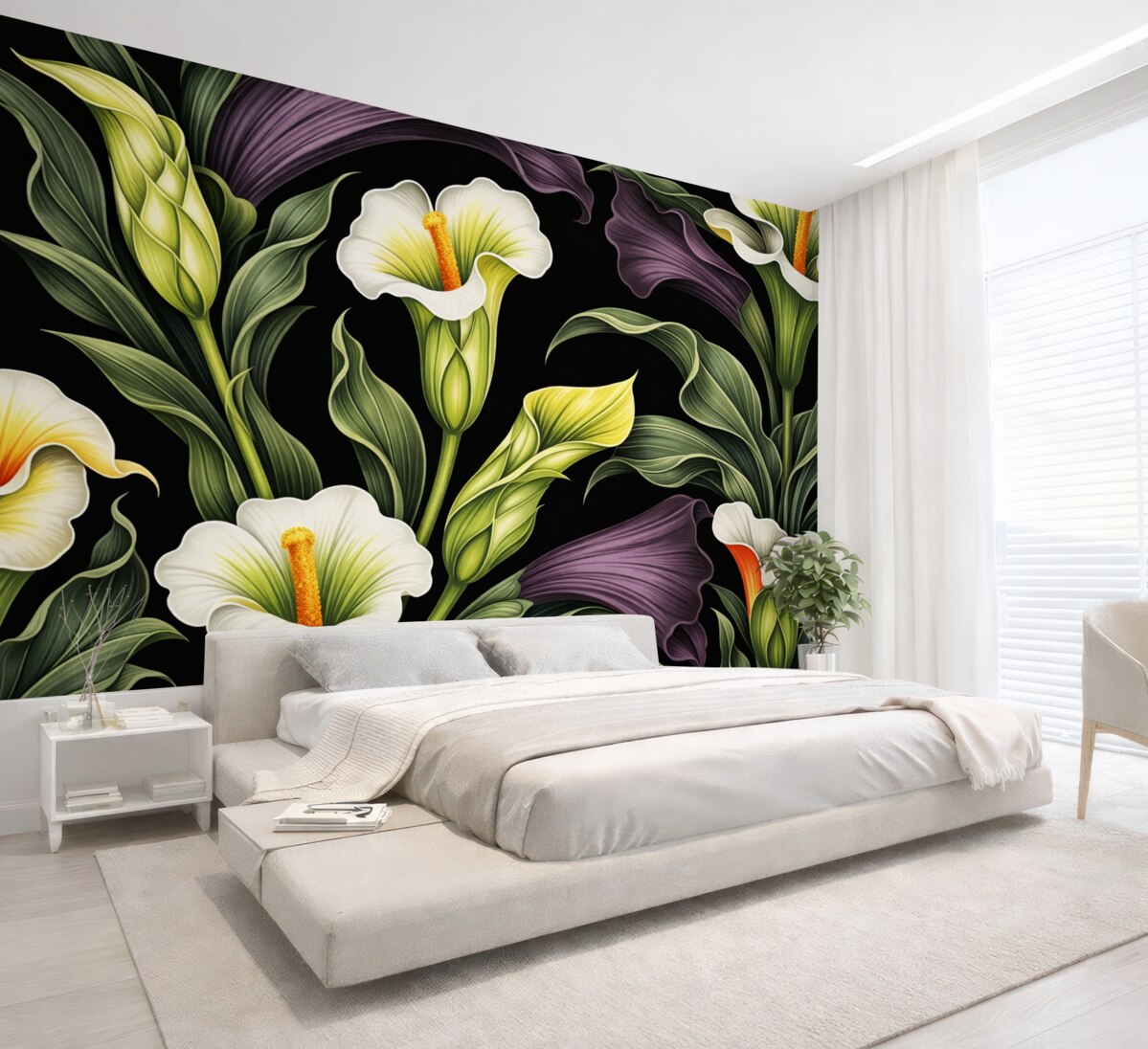 Fototapeta Biało-zielone oraz fioletowe lilie calla na ciemnym tle.