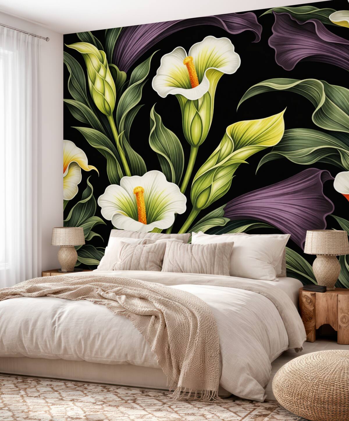 Fototapeta Biało-zielone oraz fioletowe lilie calla na ciemnym tle.