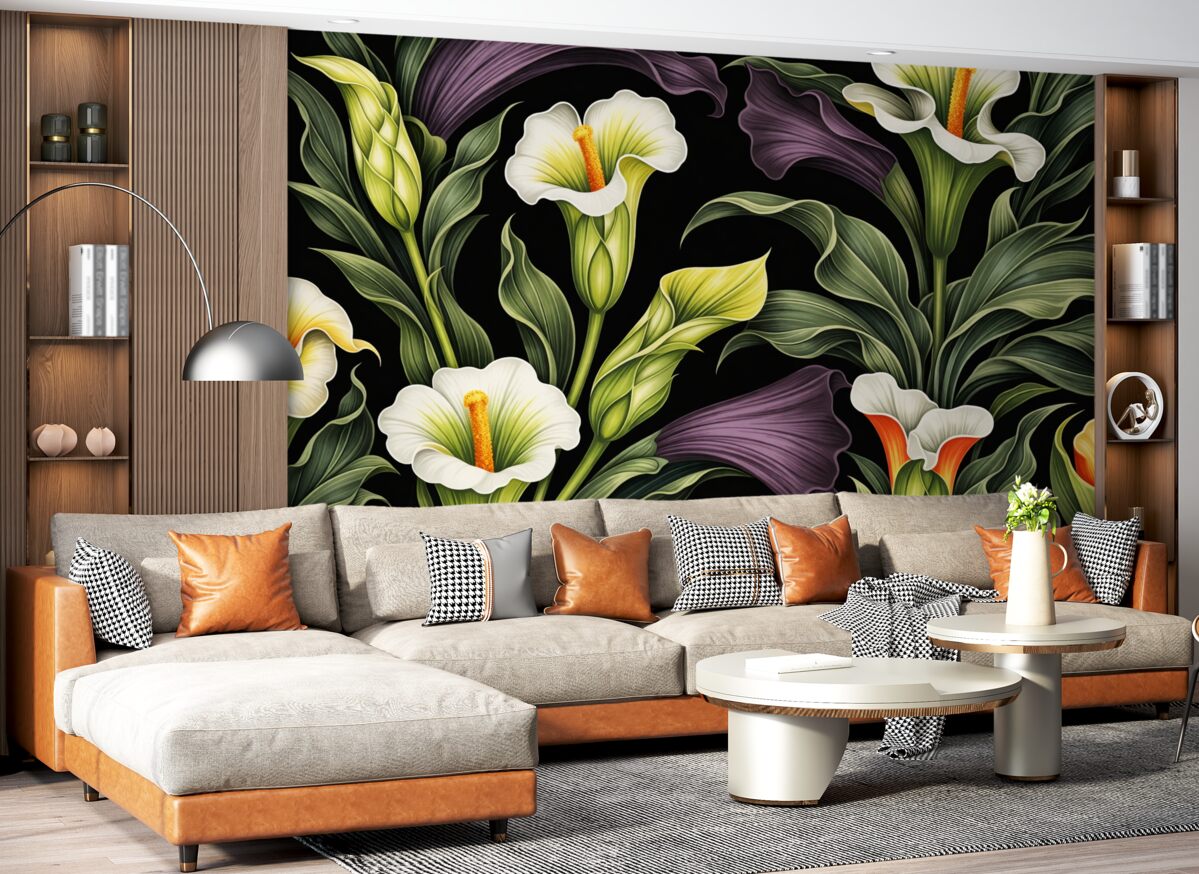 Fototapeta Biało-zielone oraz fioletowe lilie calla na ciemnym tle.