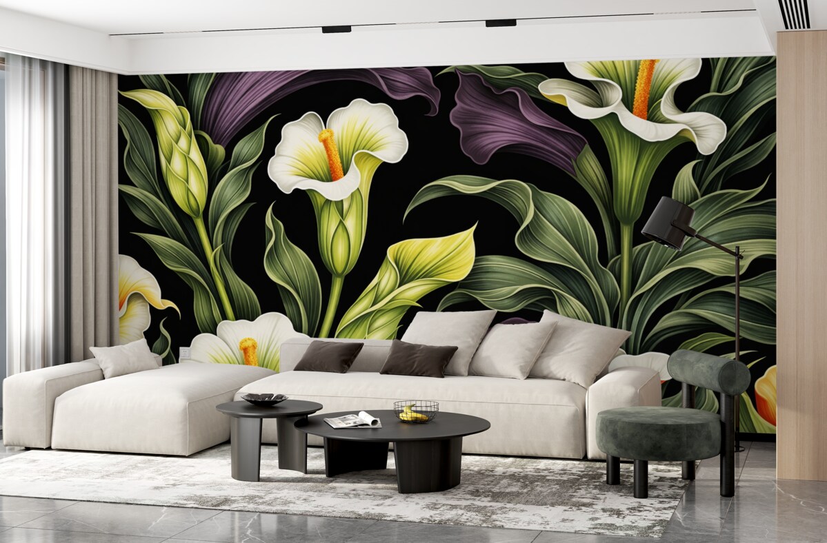 Fototapeta Biało-zielone oraz fioletowe lilie calla na ciemnym tle.