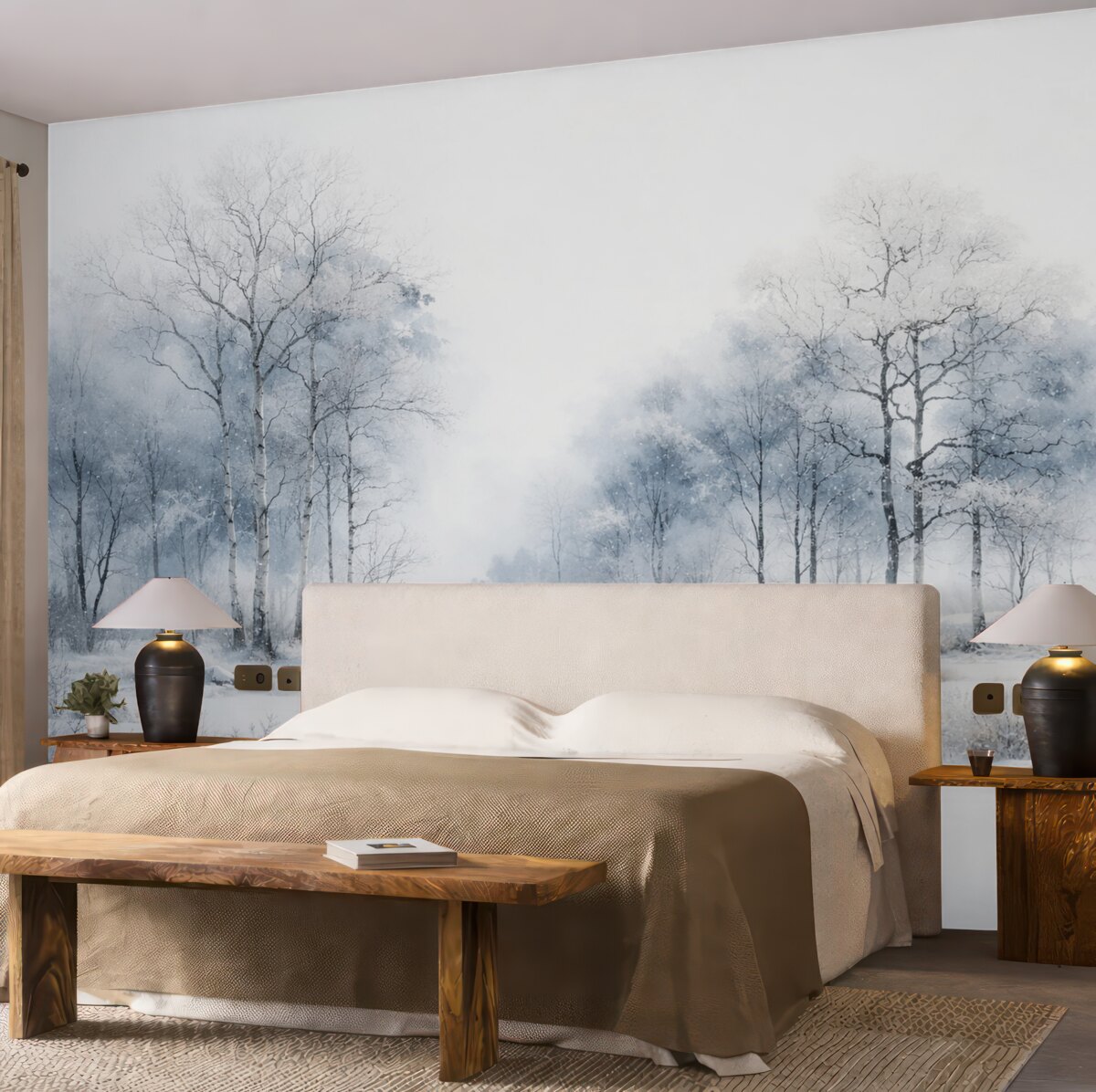 Fototapeta Niebieskie drzewa w technice akwarelowej na jasnym tle.