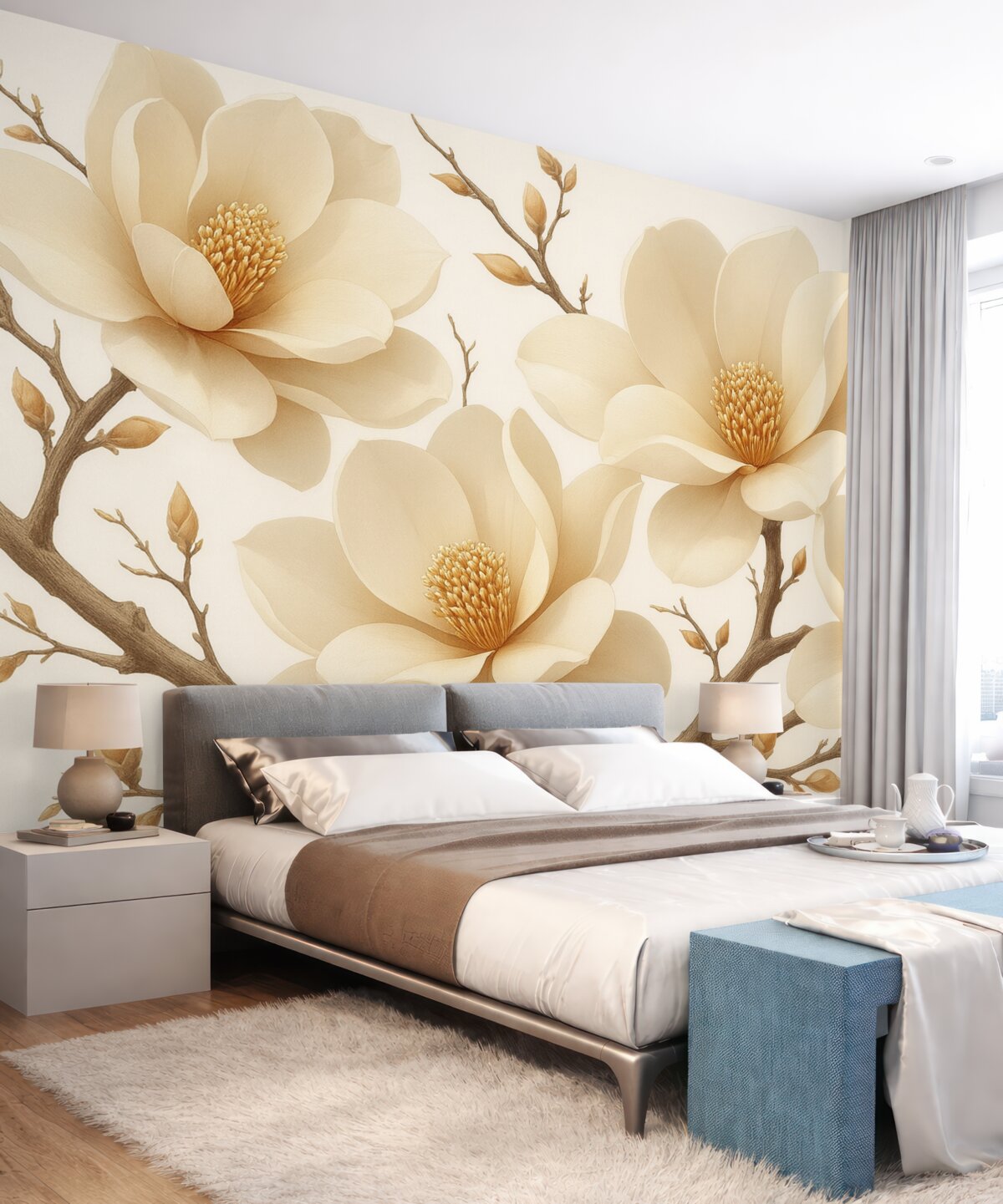 Fototapeta Kremowe konary magnolii na jasnym tle.