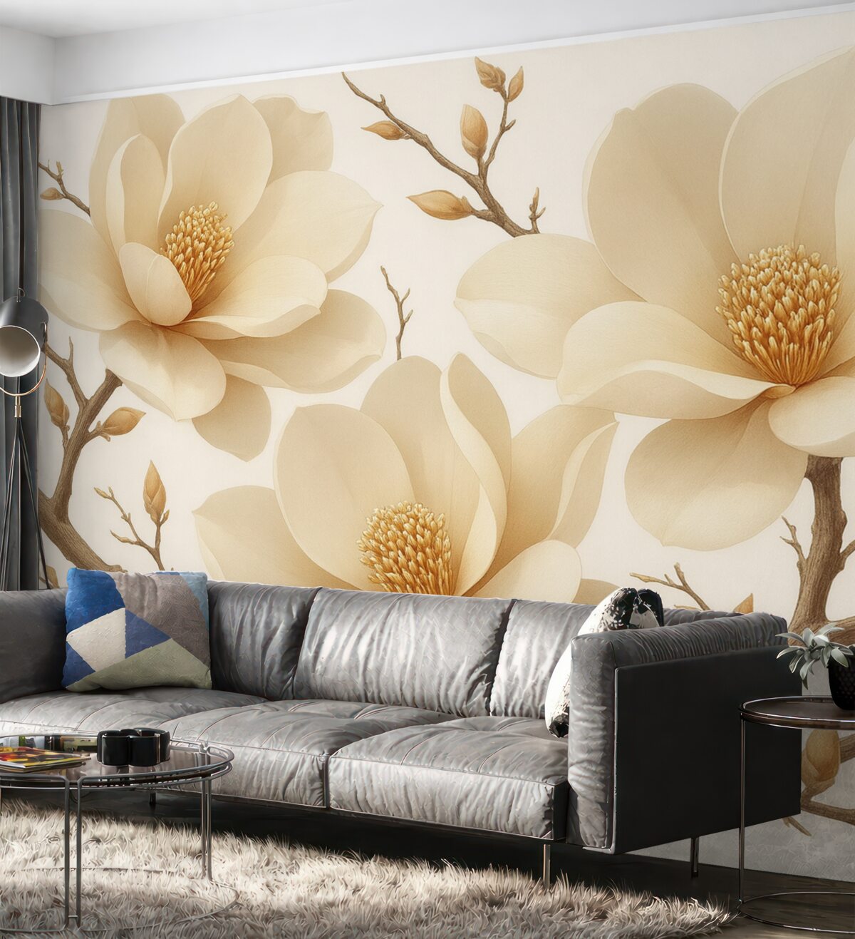 Fototapeta Kremowe konary magnolii na jasnym tle.