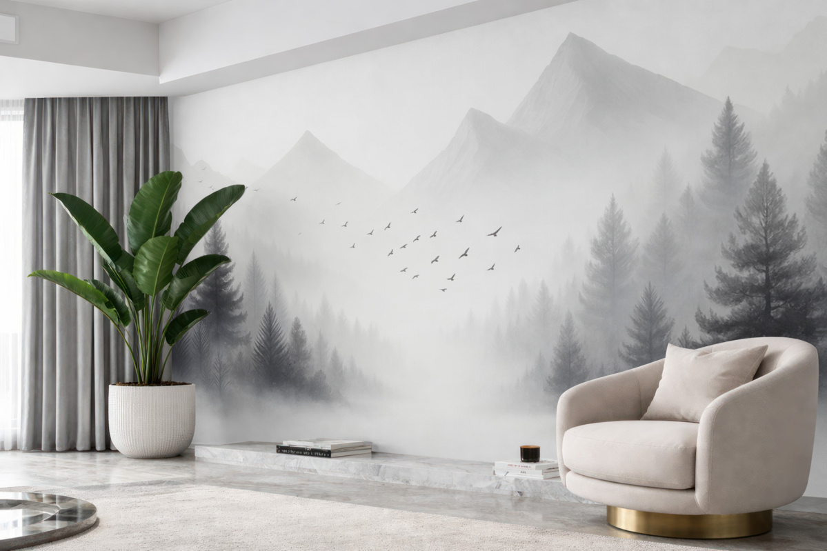 Fototapeta Cichy zimowy las na stoku góry w tonacjach bieli i jasnej szarości.