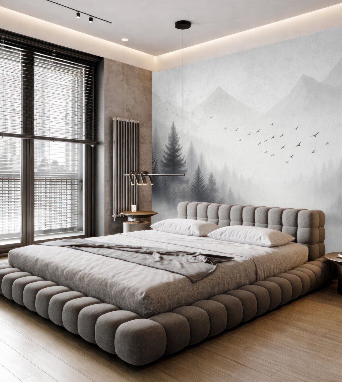 Fototapeta Cichy zimowy las na stoku góry w tonacjach bieli i jasnej szarości.