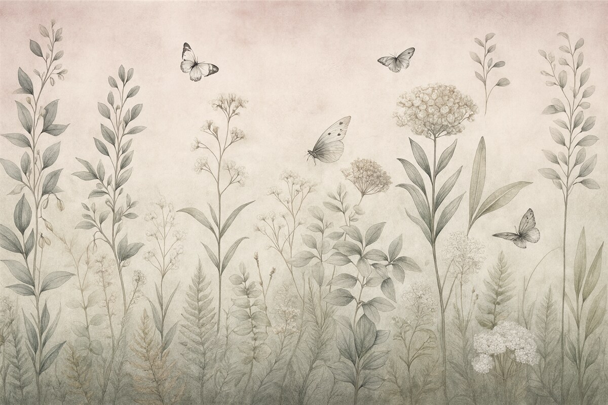 Fototapeta Wysokie rośliny i ćmy na postarzałym tle.