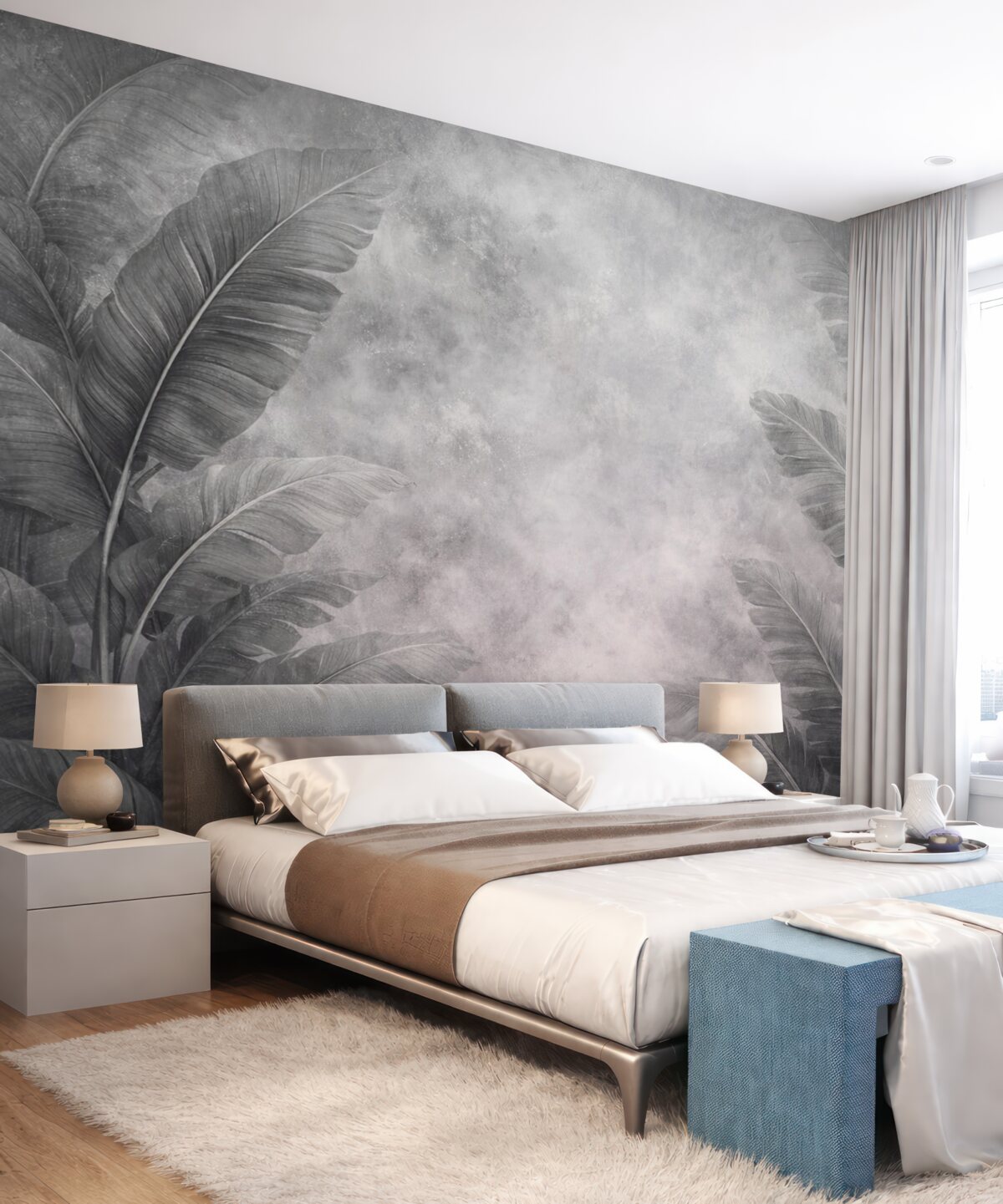 Fototapeta Ogromne liście bananowca na postarzałej ścianie.