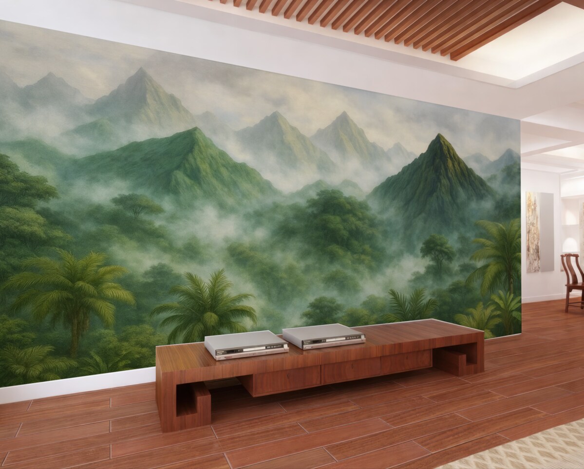 Fototapeta Tropikalny zakątek w górach, naśladujący akwarelę.