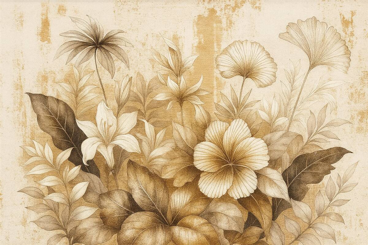 Fototapeta Styl retro z egzotycznymi roślinami i kwiatami.