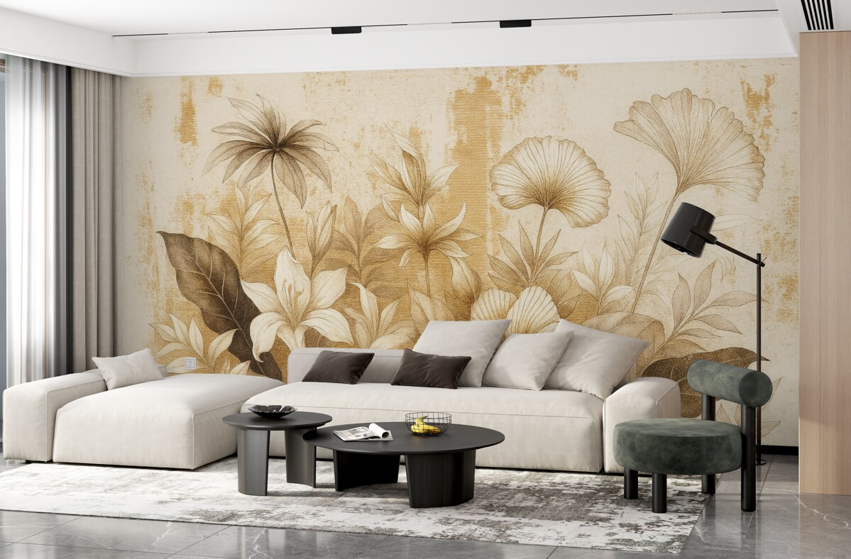 Fototapeta Styl retro z egzotycznymi roślinami i kwiatami.