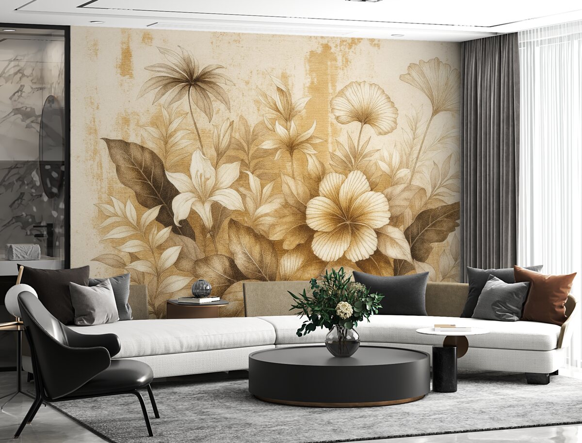 Fototapeta Styl retro z egzotycznymi roślinami i kwiatami.