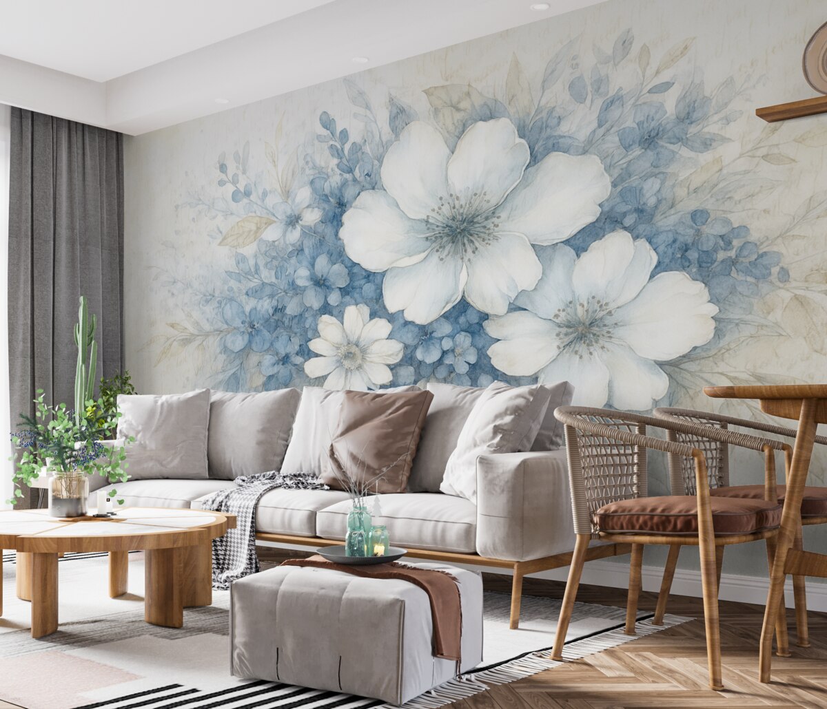 Fototapeta Delikatna imitacja ściany z fakturą białych i niebieskich kwiatów na jasnym tle z nieczytelnym odręcznym napisem.