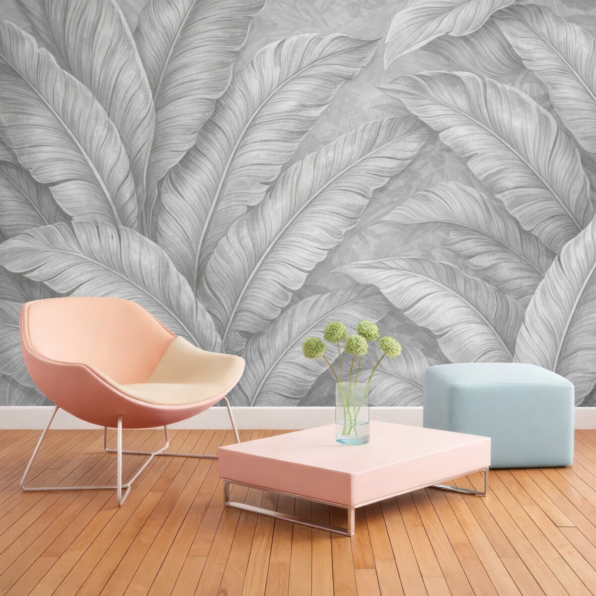 Fototapeta Szczegółowe, duże liście tropikalne w jednolitym, jasnym odcieniu szarości w stylu loftowym.