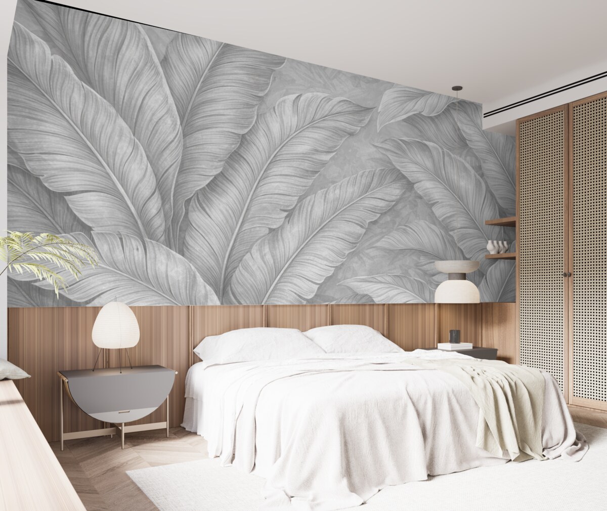 Fototapeta Szczegółowe, duże liście tropikalne w jednolitym, jasnym odcieniu szarości w stylu loftowym.