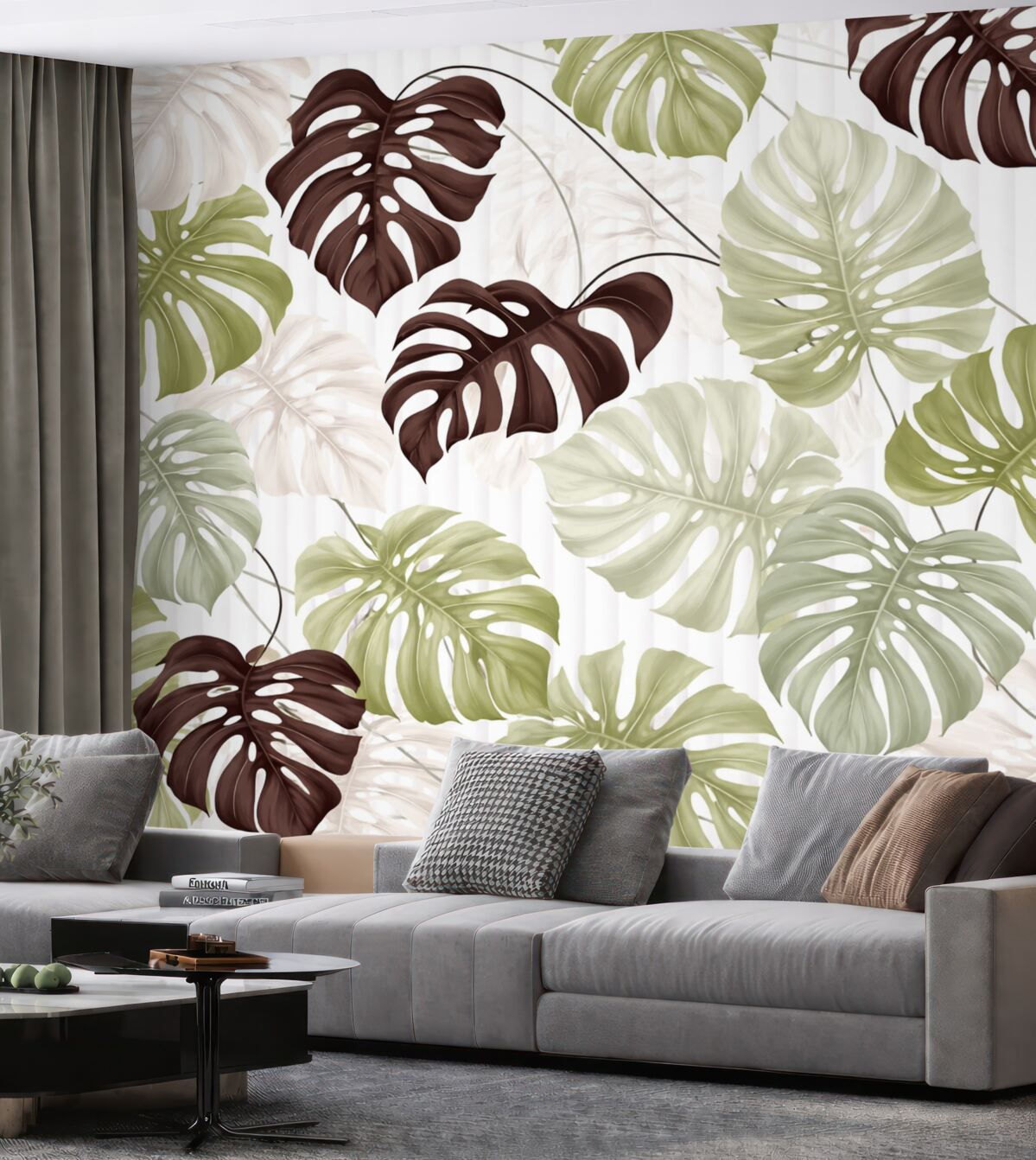 Fototapeta Liście Monstery w kolorach zieleni, bieli i ciemnego brązu na jasnym tle o strukturze w paski.