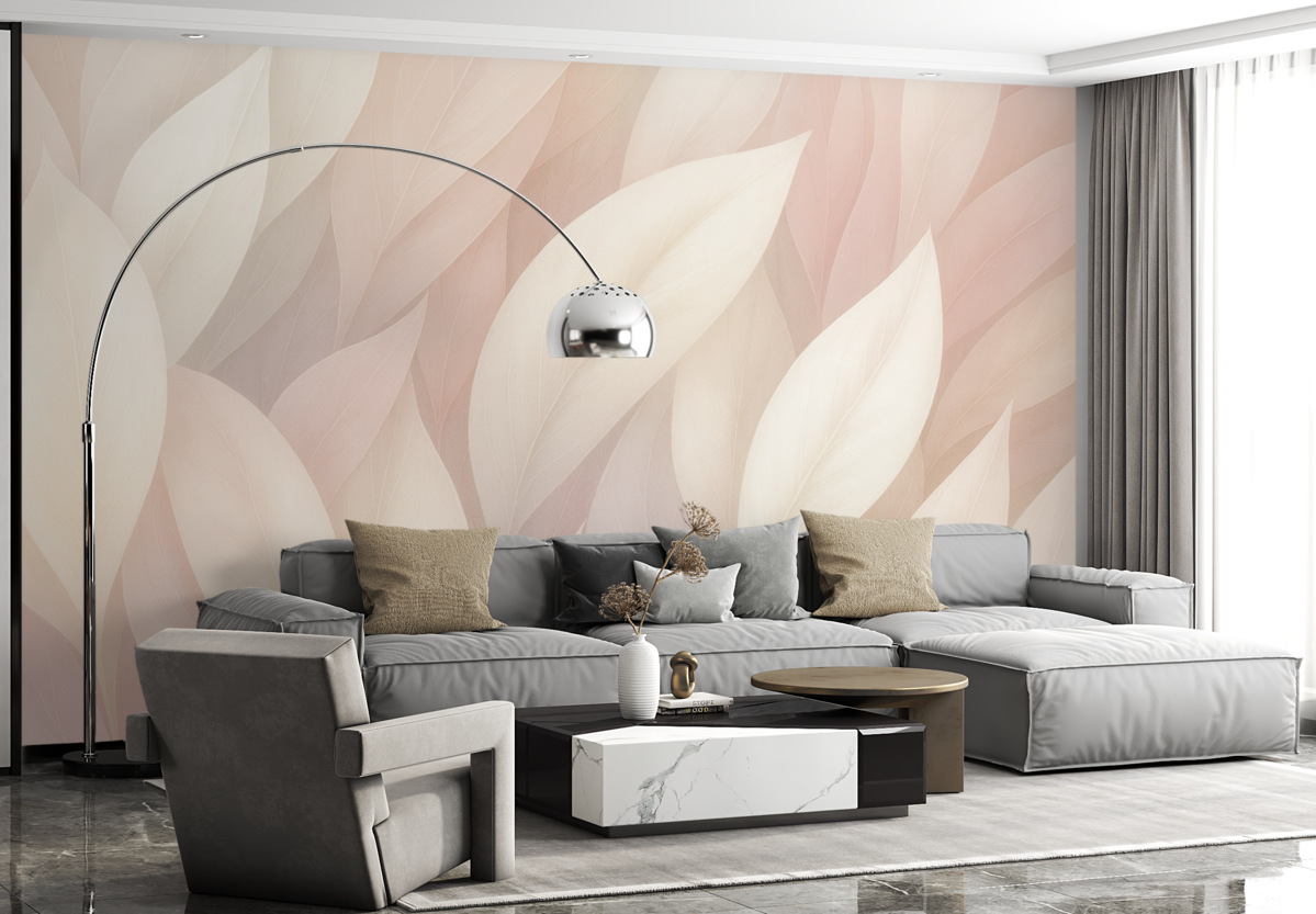 Fototapeta Abstrakcyjny motyw z subtelnymi formami przypominającymi kwiaty w kolorach różu i bieli, tworzący efekt wielowarstwowy.