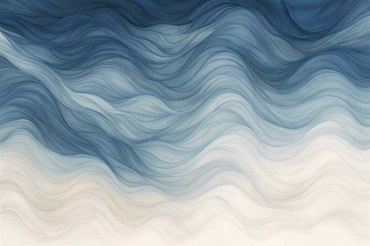 Fototapeta Gładkie fale półprzezroczystych faktur w kolorach ciemnoniebieskim, jasnoniebieskim i białym na jasnym tle.