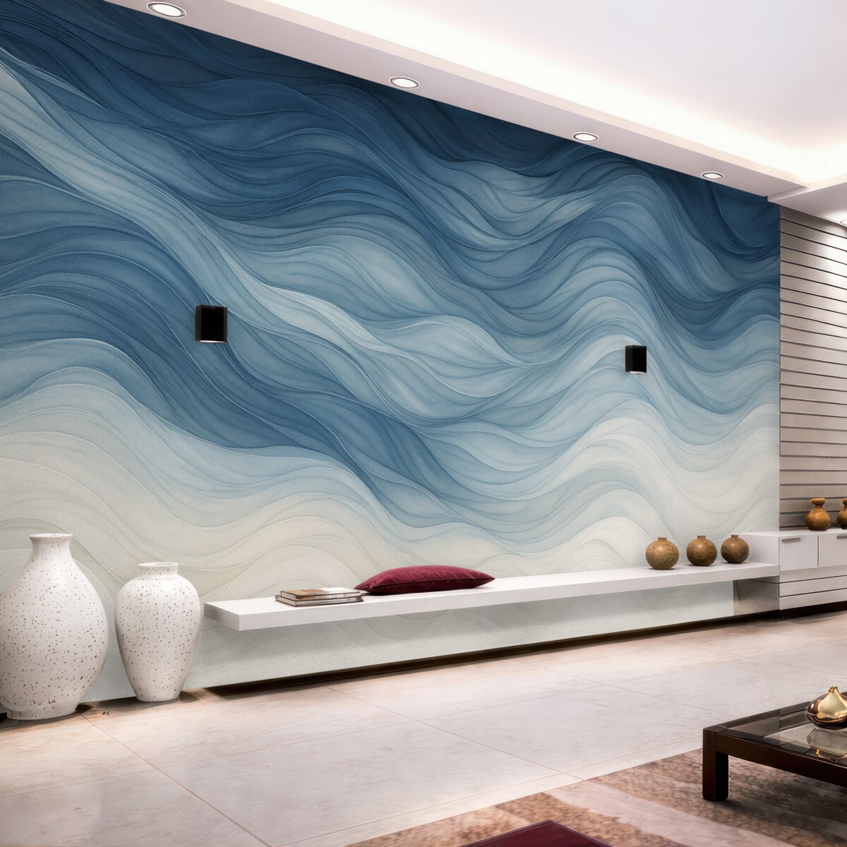 Fototapeta Gładkie fale półprzezroczystych faktur w kolorach ciemnoniebieskim, jasnoniebieskim i białym na jasnym tle.