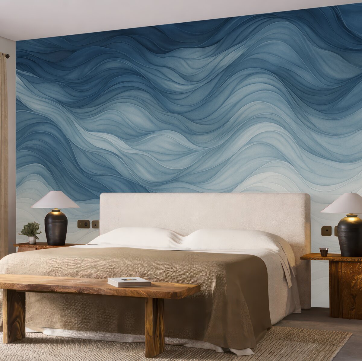 Fototapeta Gładkie fale półprzezroczystych faktur w kolorach ciemnoniebieskim, jasnoniebieskim i białym na jasnym tle.