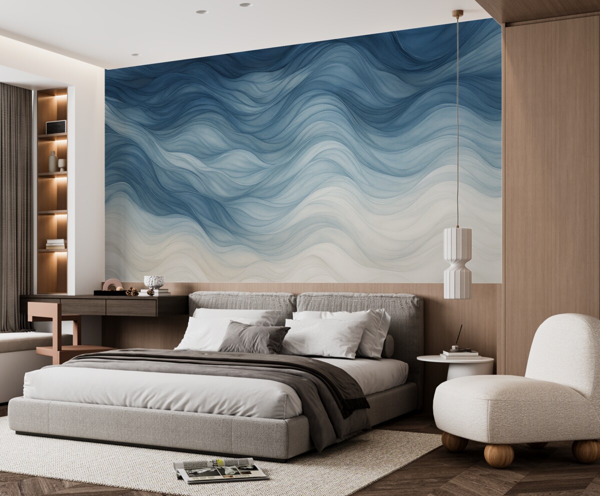 Fototapeta Gładkie fale półprzezroczystych faktur w kolorach ciemnoniebieskim, jasnoniebieskim i białym na jasnym tle.