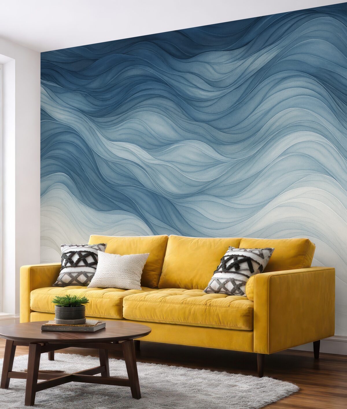 Fototapeta Gładkie fale półprzezroczystych faktur w kolorach ciemnoniebieskim, jasnoniebieskim i białym na jasnym tle.