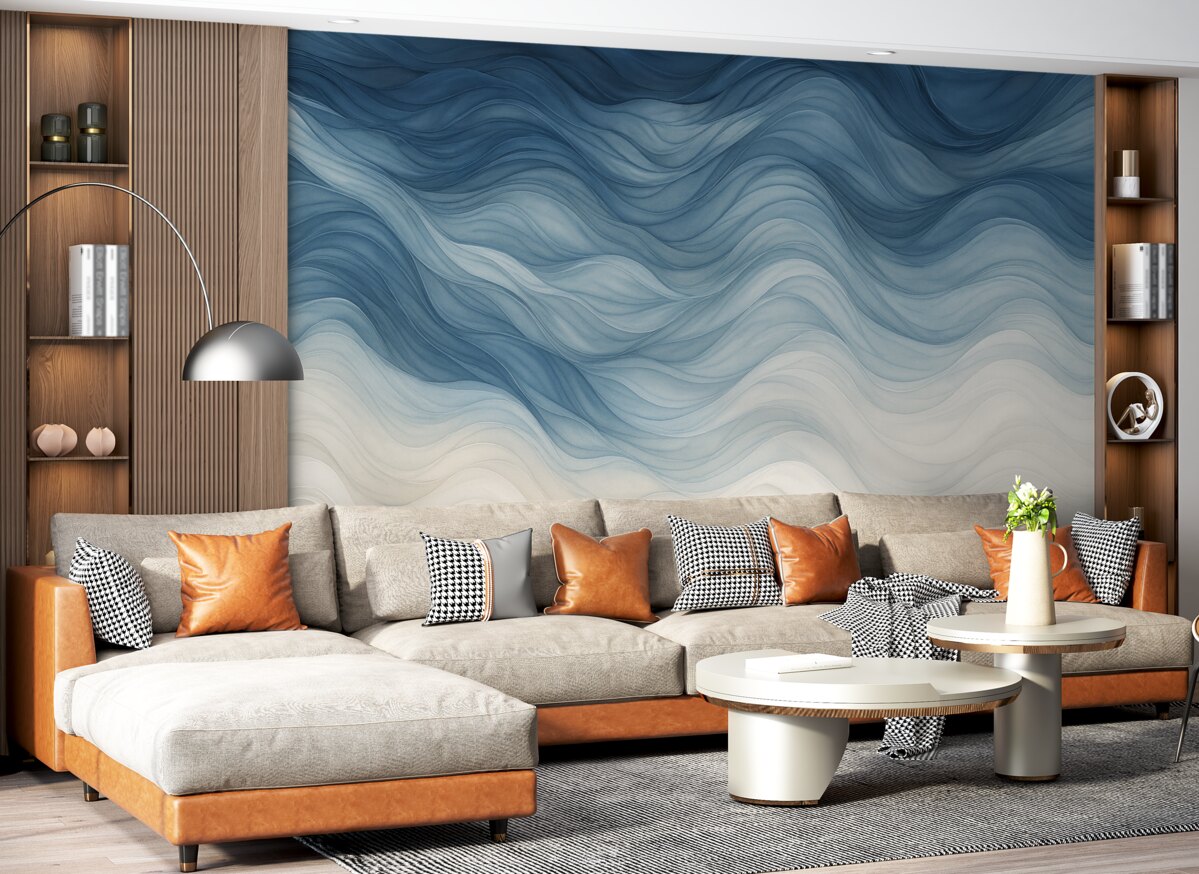 Fototapeta Gładkie fale półprzezroczystych faktur w kolorach ciemnoniebieskim, jasnoniebieskim i białym na jasnym tle.