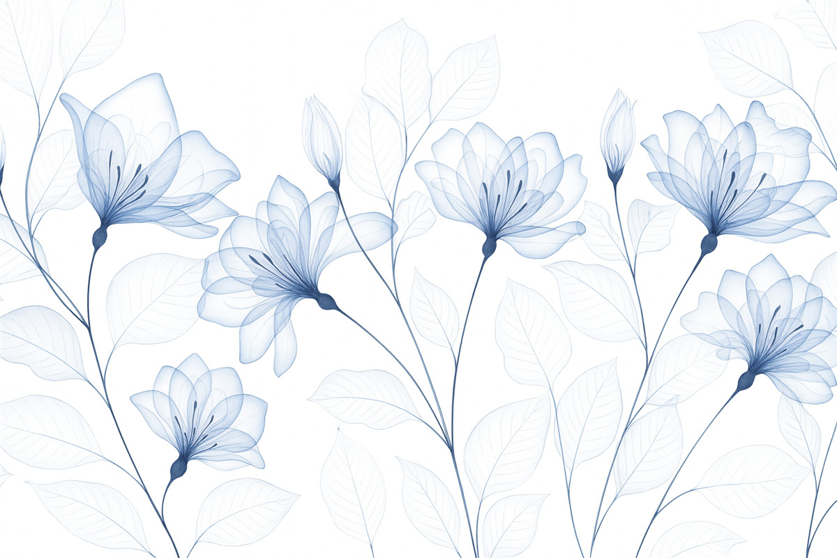 Fototapeta Subtelne, minimalistyczne niebieskie kwiaty z przezroczystymi płatkami i zielonymi liśćmi na jasnym tle.