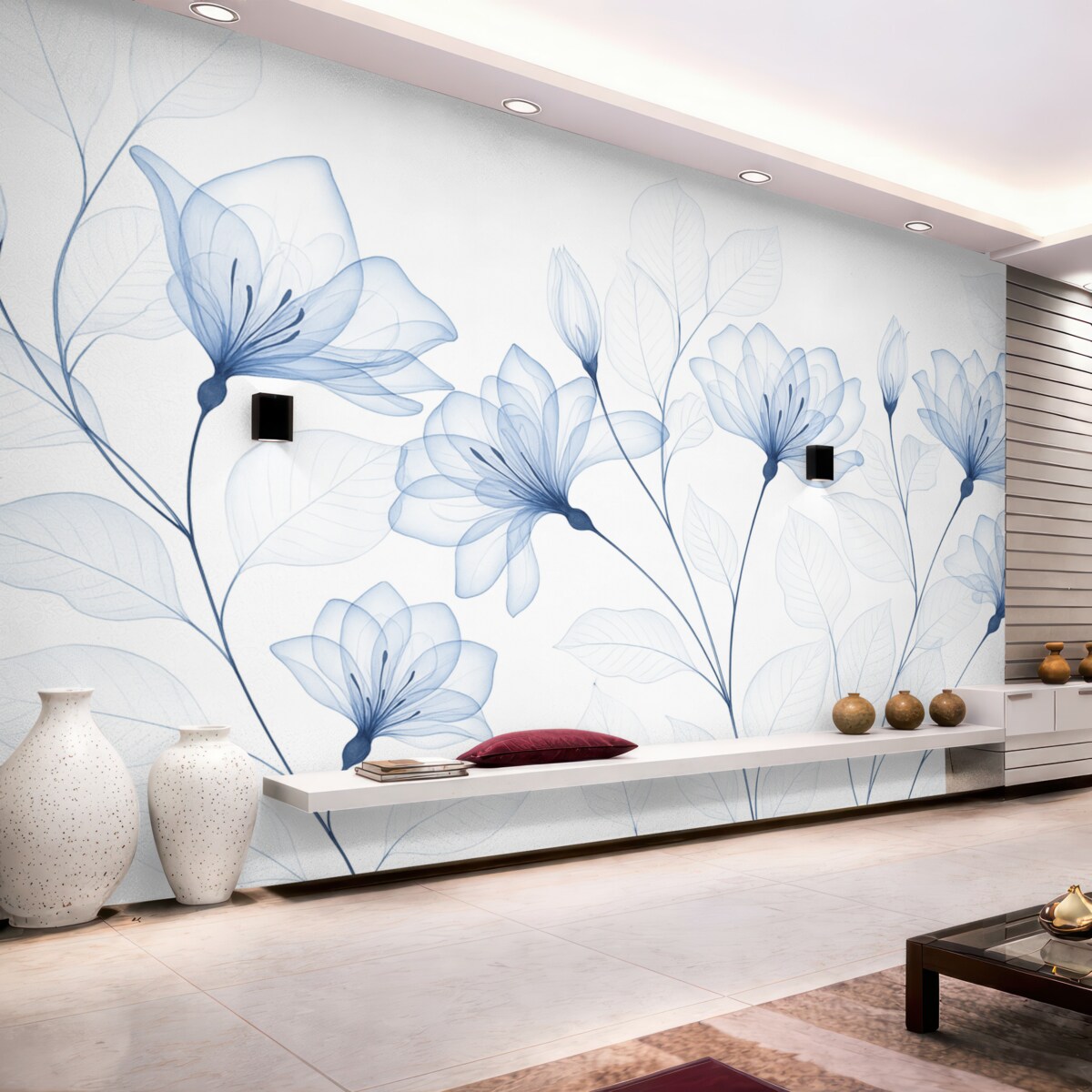 Fototapeta Subtelne, minimalistyczne niebieskie kwiaty z przezroczystymi płatkami i zielonymi liśćmi na jasnym tle.