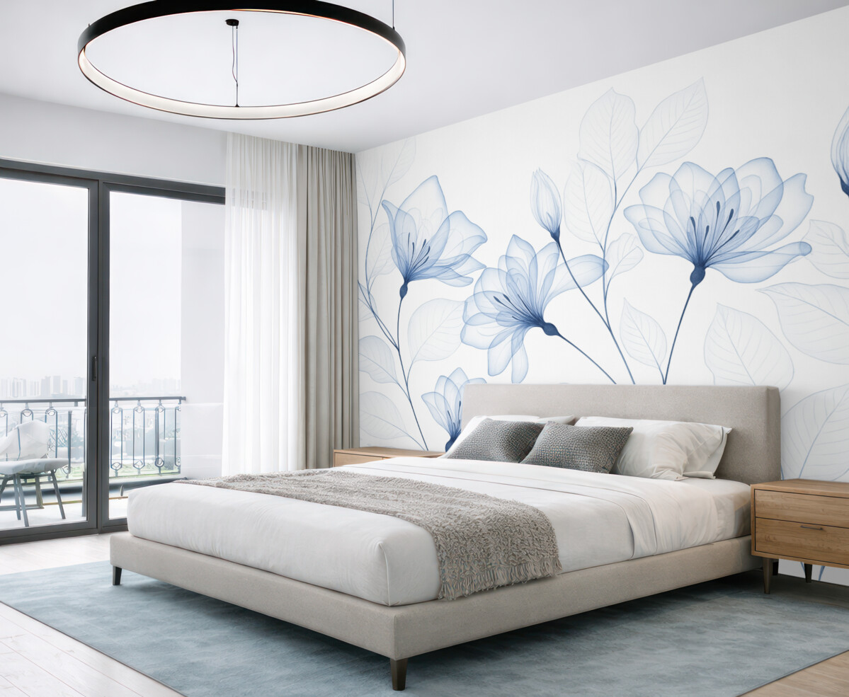 Fototapeta Subtelne, minimalistyczne niebieskie kwiaty z przezroczystymi płatkami i zielonymi liśćmi na jasnym tle.