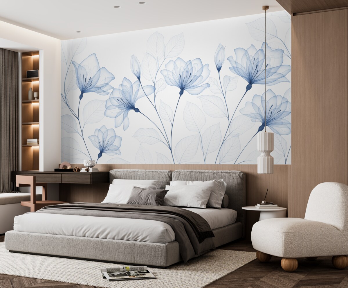 Fototapeta Subtelne, minimalistyczne niebieskie kwiaty z przezroczystymi płatkami i zielonymi liśćmi na jasnym tle.