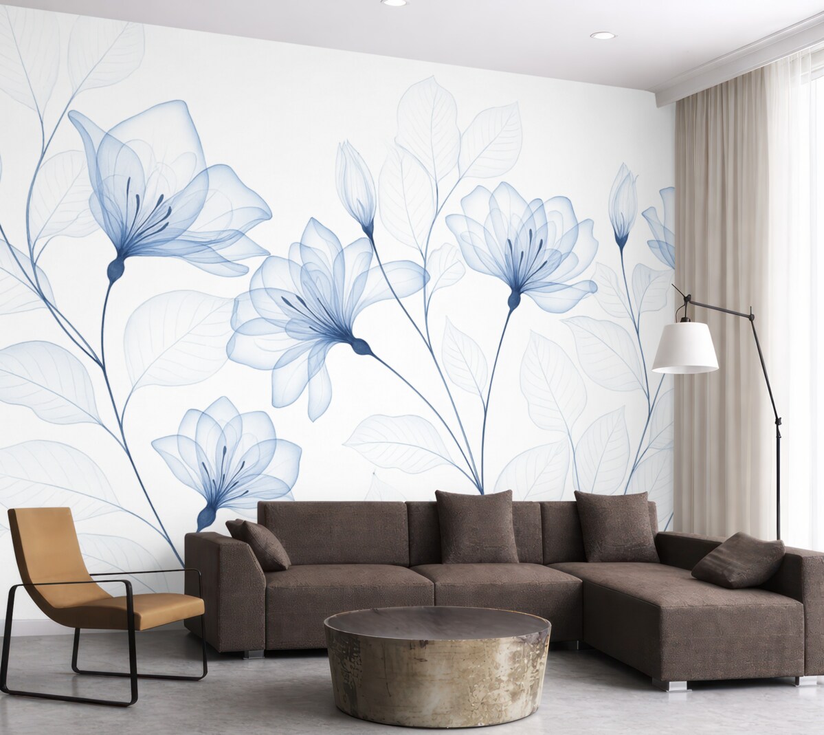 Fototapeta Subtelne, minimalistyczne niebieskie kwiaty z przezroczystymi płatkami i zielonymi liśćmi na jasnym tle.