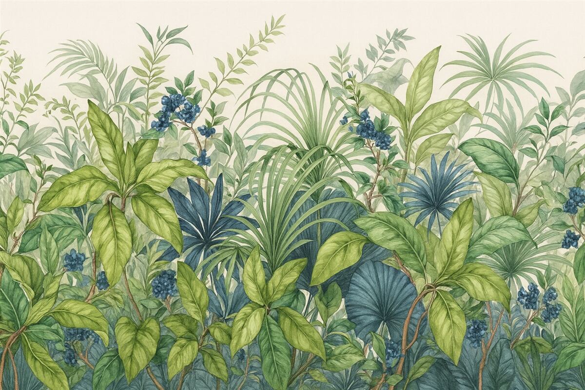 Fototapeta Zestawienie różnych tropikalnych roślin o dużych zielonych liściach, tworzących bujny obraz z liści na jasnobeżowym tle.