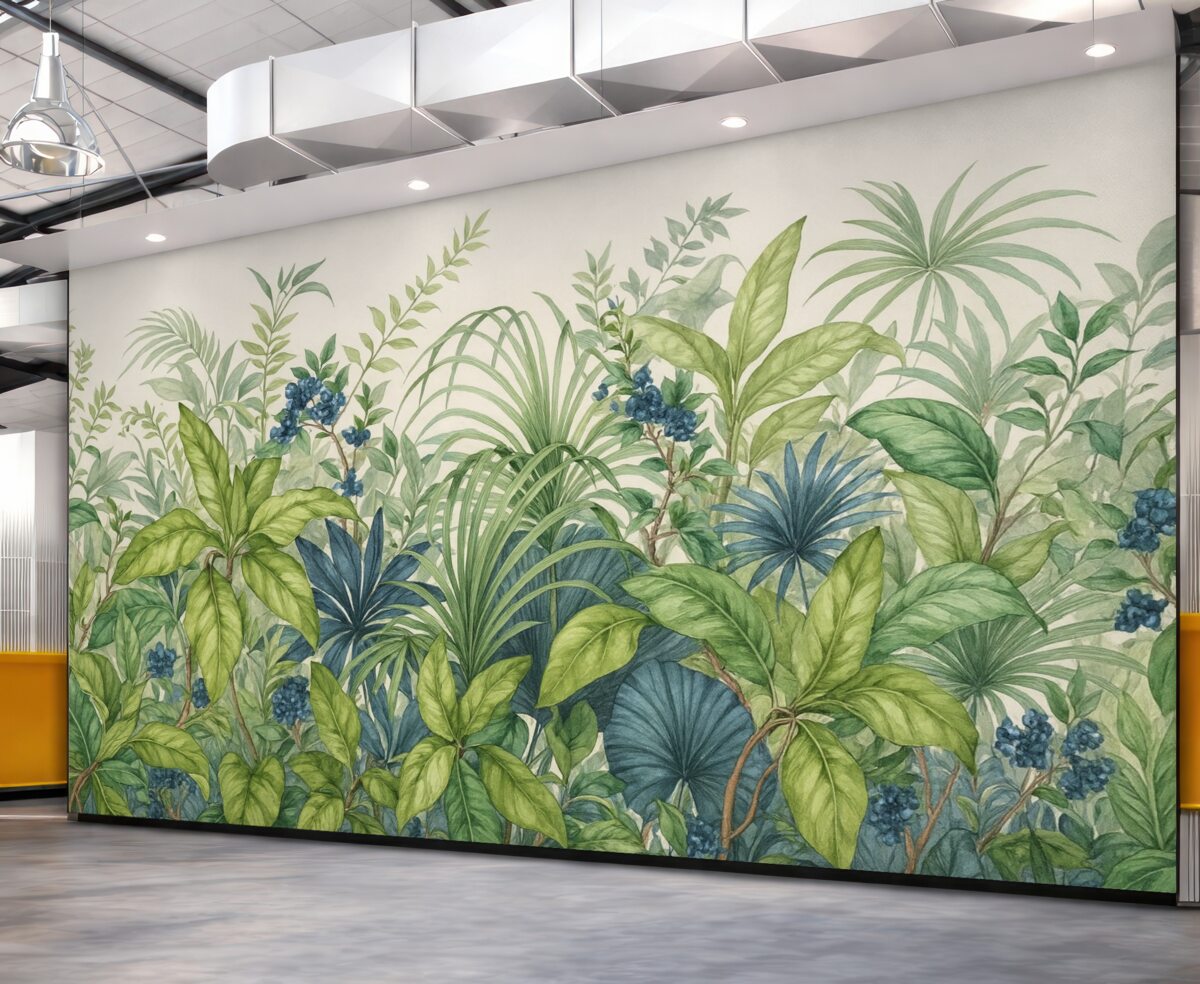 Fototapeta Zestawienie różnych tropikalnych roślin o dużych zielonych liściach, tworzących bujny obraz z liści na jasnobeżowym tle.