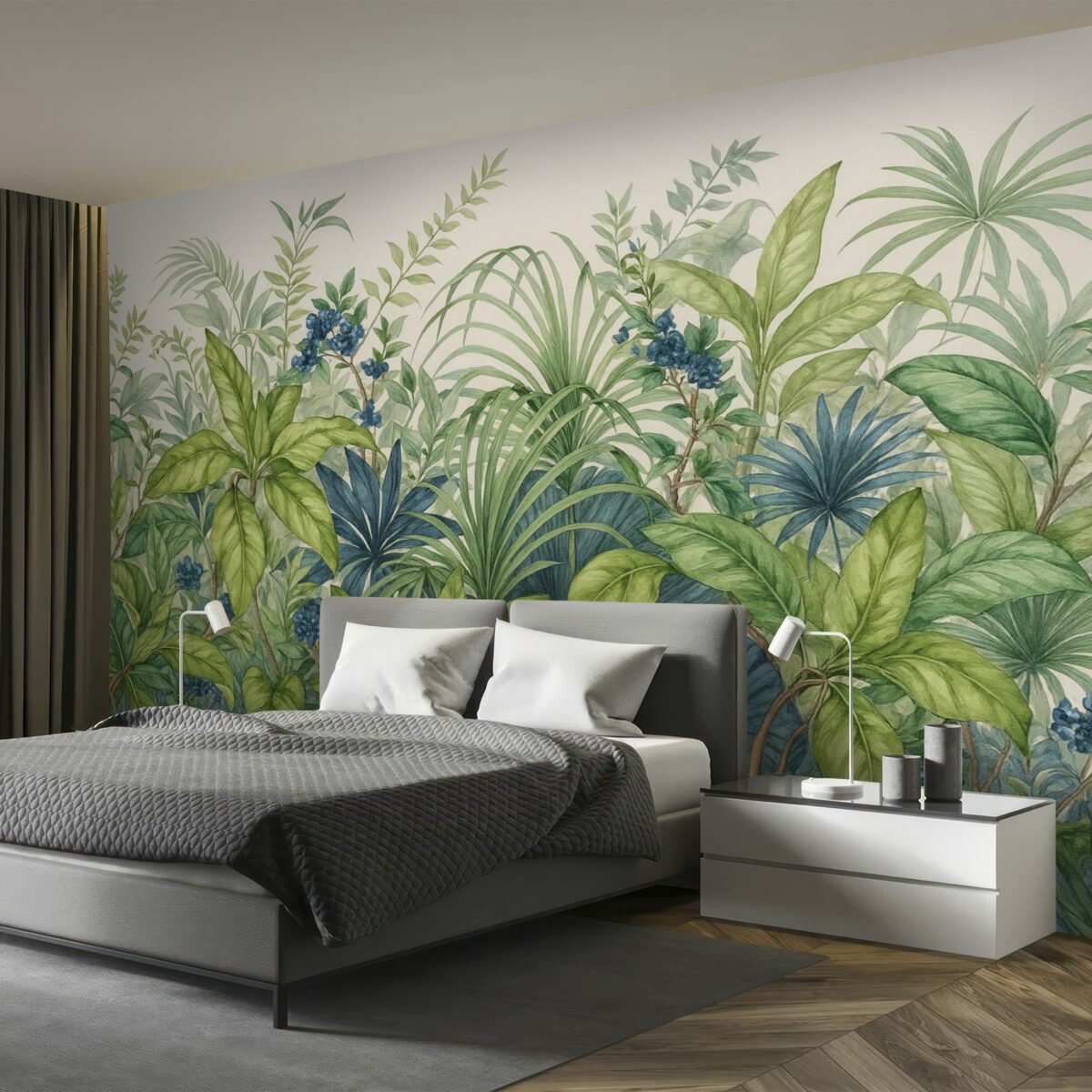 Fototapeta Zestawienie różnych tropikalnych roślin o dużych zielonych liściach, tworzących bujny obraz z liści na jasnobeżowym tle.