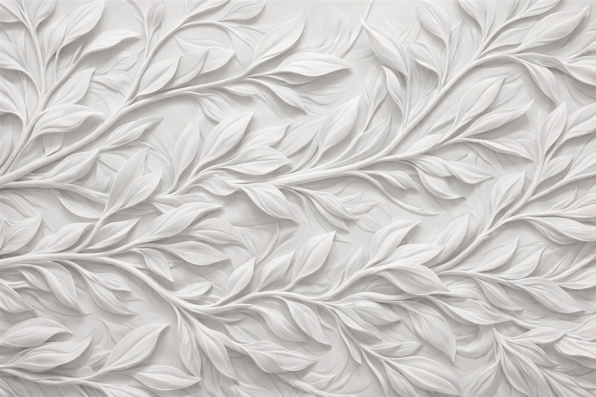 Fototapeta Biały teksturowany wzór z liśćmi i gałązkami, tworzący wrażenie głębi na teksturowanym tle.