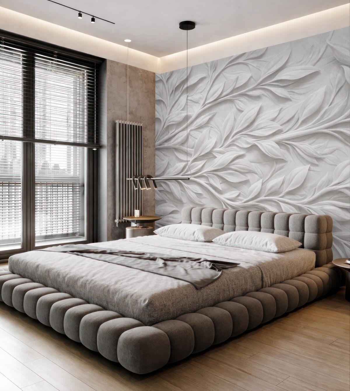 Fototapeta Biały teksturowany wzór z liśćmi i gałązkami, tworzący wrażenie głębi na teksturowanym tle.