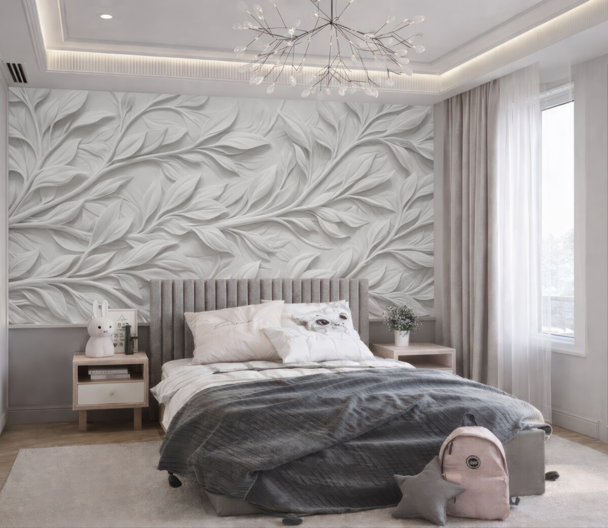 Fototapeta Biały teksturowany wzór z liśćmi i gałązkami, tworzący wrażenie głębi na teksturowanym tle.