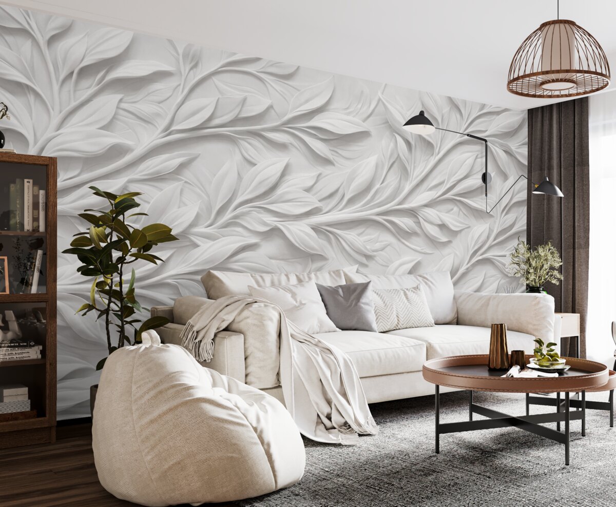 Fototapeta Biały teksturowany wzór z liśćmi i gałązkami, tworzący wrażenie głębi na teksturowanym tle.