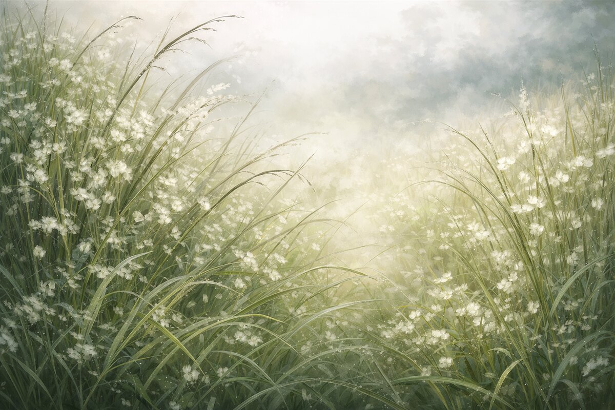 Fototapeta Gęsta zielona murawa z subtelnymi białymi kwiatami, łagodnie zmiękczony nadruk w jasnych tonacjach, tworzący harmonijny pejzaż.